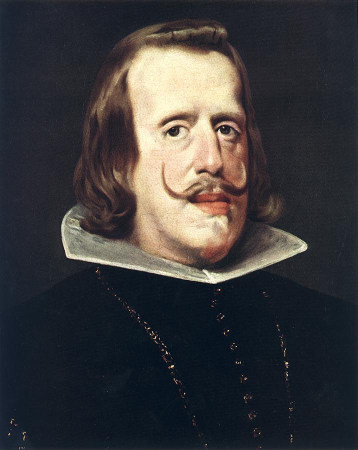 Bust-length three-quarter view of Philip IV wearing a black garment, faint gold chain, and sharp white collar, his hair to the shoulders and moustache curled, set against a dark atmospheric background with a calm, reflective gaze.