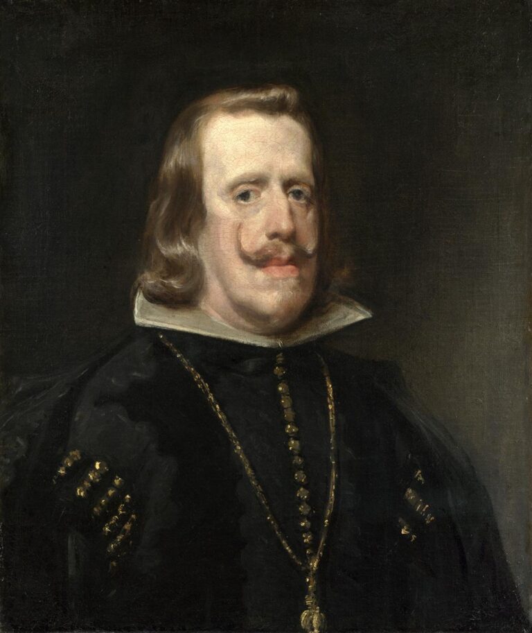 Half-length portrait of Philip IV against a dark background, wearing a black velvet garment with a white collar and gold chain; the king faces three-quarters toward the light with a calm, unsmiling gaze.