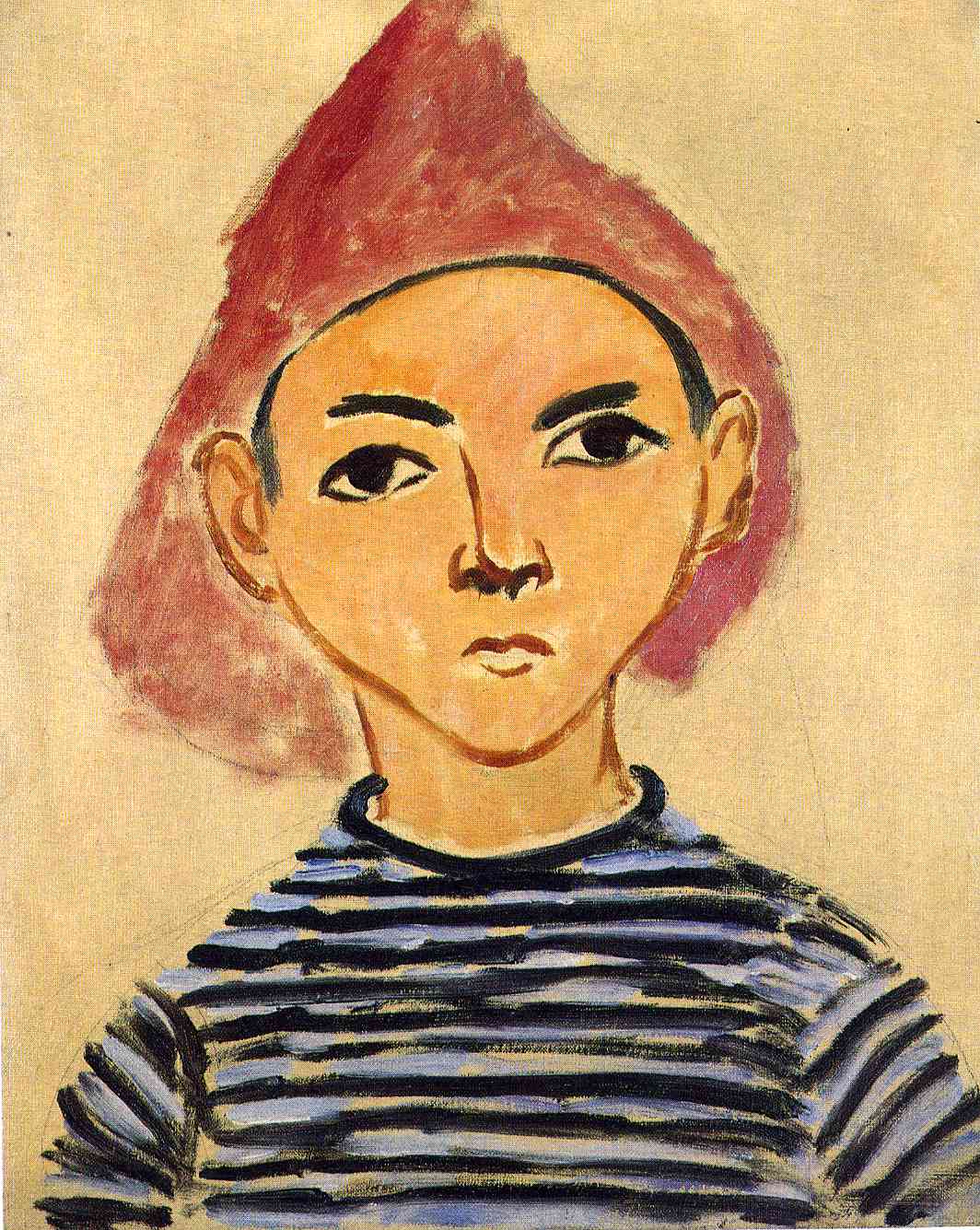 Front-facing bust of a boy wearing a red triangular cap and a blue-black striped sailor shirt; simplified almond eyes, small mouth, and bold dark contours stand against an unpainted linen background in Henri Matisse’s 1909 “Portrait of Pierre Matisse.”
