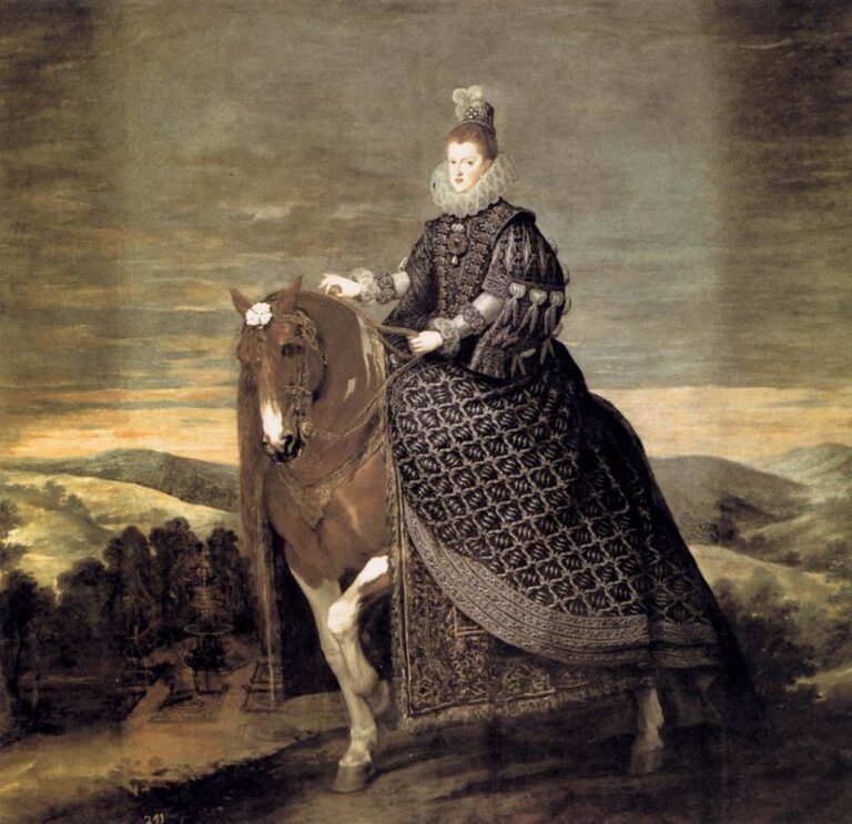 Queen Margaret of Austria rides side-saddle on a chestnut horse at dusk, wearing a black gown patterned with silver, a high ruff, and headdress; she guides the reins calmly as rolling hills and distant gardens fade into a gray-blue sky.