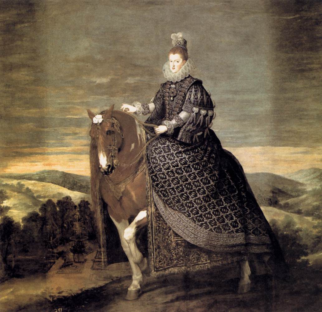 Queen Margaret of Austria rides side-saddle on a chestnut horse at dusk, wearing a black gown patterned with silver, a high ruff, and headdress; she guides the reins calmly as rolling hills and distant gardens fade into a gray-blue sky.