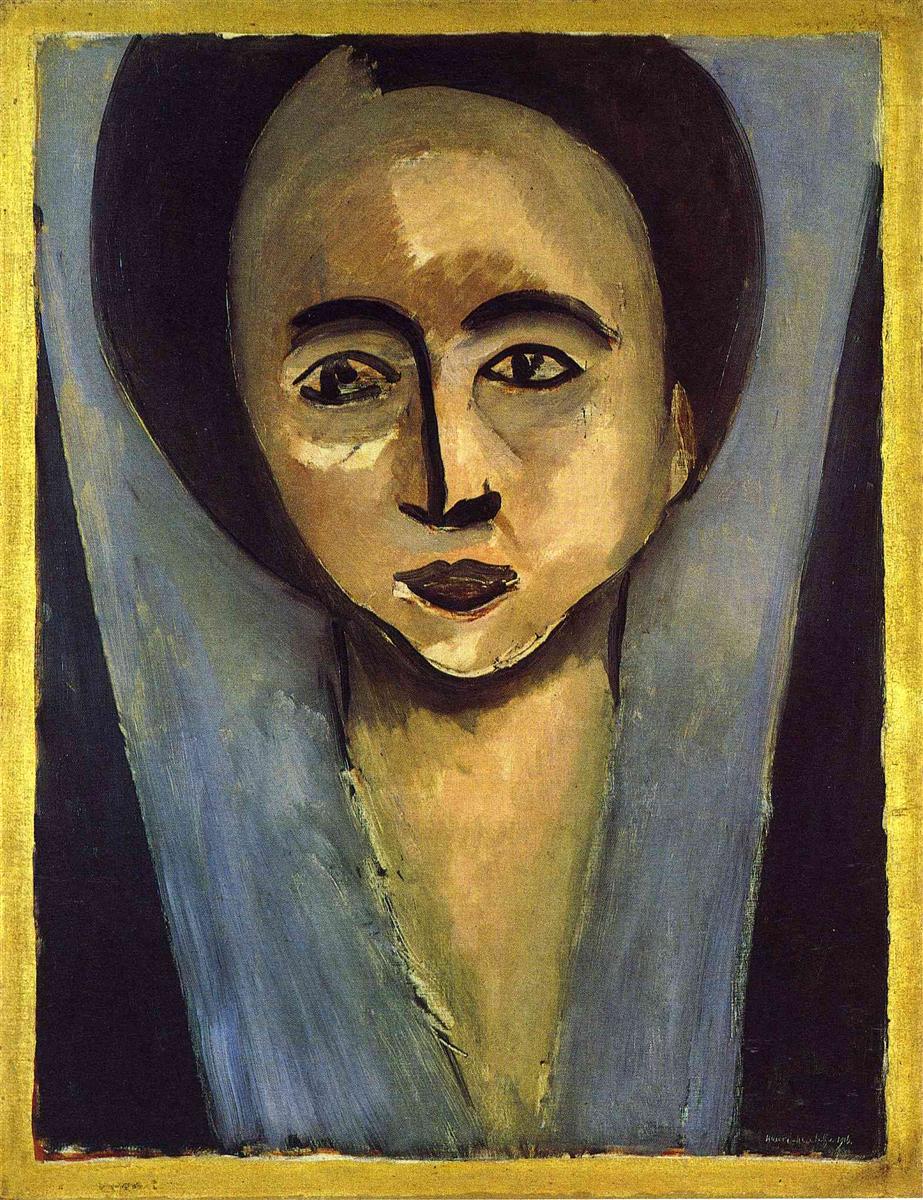 Frontal head-and-shoulders portrait by Matisse of Sarah Stein with a luminous ochre face framed by a dark oval of hair or hat, blue-gray V-shaped garment below, and a painted gold border; simplified planar features with strong black contours, 1916.