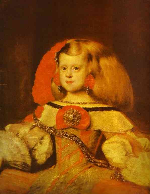Bust-length portrait of Infanta Margarita against a dark background, her blond hair arranged in wide side wings, wearing a cream and coral dress with a central gold rosette and diagonal braid, her calm face softly lit as lace sleeves and a feathered fan dissolve into light.