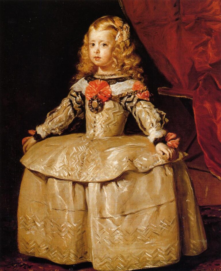 Young Infanta Margarita stands in a pale, shimmering dress with coral bows, gazing calmly toward the viewer; a red curtain glows at right, and soft light models her face and satin gown against a dark background.