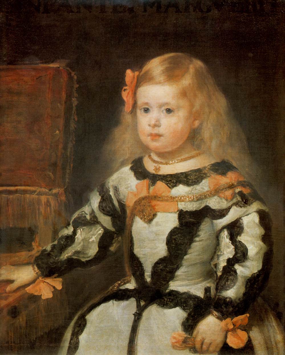 Half-length portrait of a blond Infanta in ivory satin with black scrolls and orange bows, one hand resting on furniture and the other holding a ribbon, set against a dark atmospheric background with a calm, direct gaze.