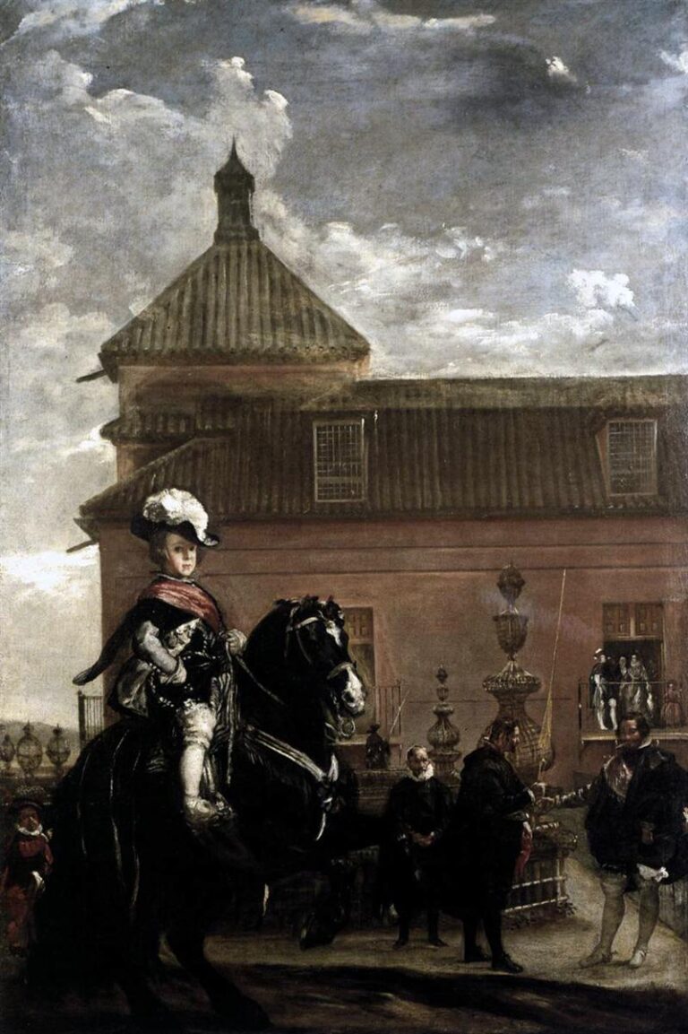 In a palace courtyard under a bright, clouded sky, the child Prince Baltasar Carlos rides a rearing dark horse while the Count-Duke of Olivares stands nearby with courtiers; balconies with onlookers and a pink stucco building frame the scene.