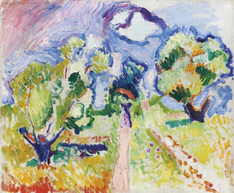 A Fauvist landscape by Henri Matisse showing a pink path running up the center toward a small figure with a red parasol, flanked by two olive trees outlined in blue, with yellow-green foliage and a sky of lilac and blue painted in broad, sweeping strokes.