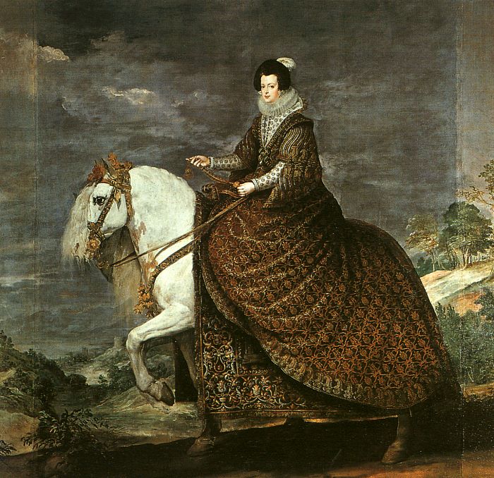 Queen Isabel of Bourbon rides side-saddle on a white horse, wearing a black gown embroidered with gold and a high ruff, calmly guiding the reins as a gray sky and rolling green hills extend behind her.