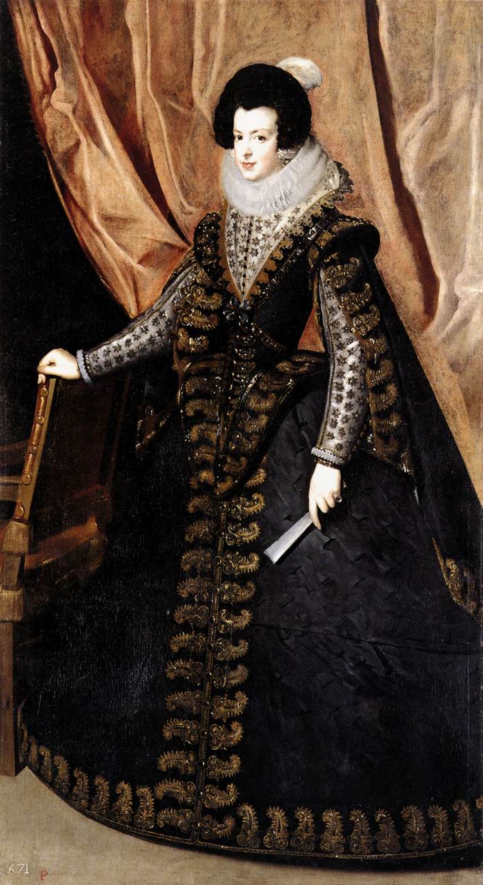 Queen Isabella stands before a rose-gold curtain, wearing a black gown richly trimmed in gold with a soft white ruff and small black hat; her right hand rests on a gilded chair finial and her left holds a closed fan.