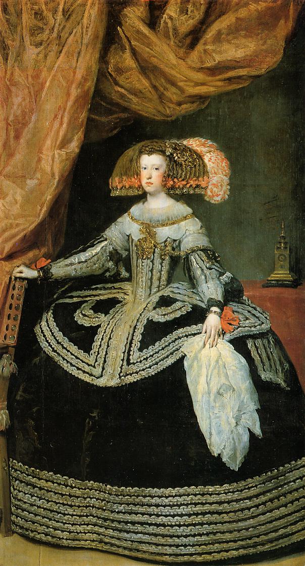 Full-length portrait of Queen Mariana seated with an expansive black velvet gown trimmed in silver, elaborate side-wing coiffure, white handkerchief in right hand, and large ocher drapery above, set against a dark interior with a small ceremonial object at right.