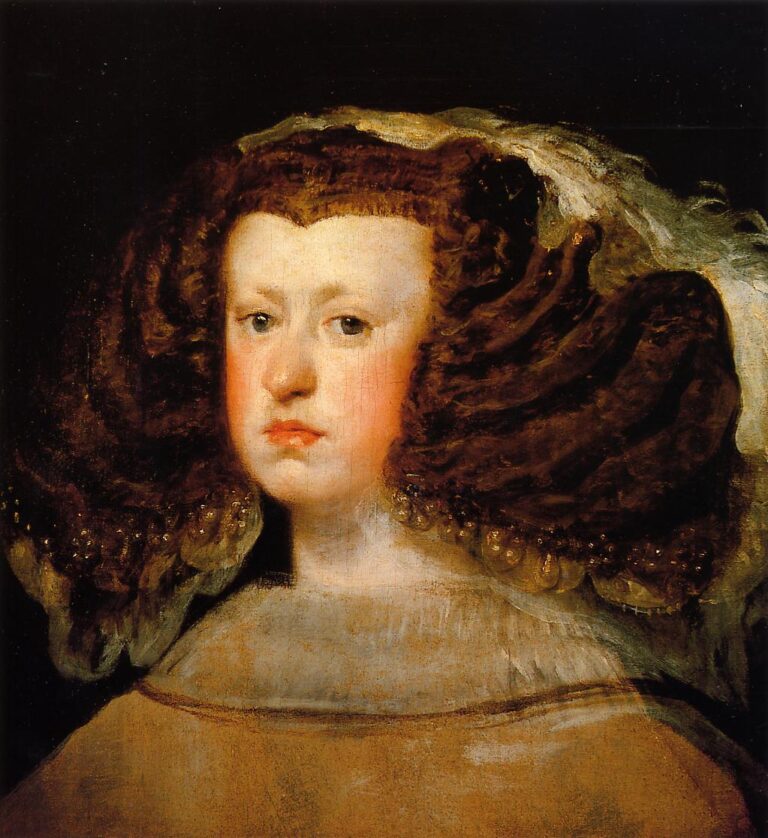 Close head-and-shoulders portrait of Queen Mariana against a dark background, her face softly lit and framed by large side-wing hair with a translucent veil and small jewels, gazing forward with calm, unsmiling poise.