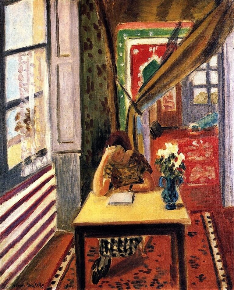 In a richly patterned interior, a woman sits at a square table with her head resting on her hand as she reads; golden light falls from a left window, a diagonal curtain divides the room, red carpets and green walls recede into a doorway, and a blue vase of white flowers anchors the tabletop.