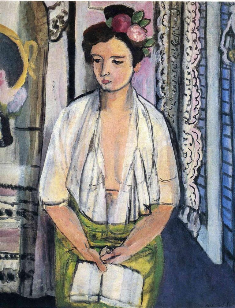 Half-length portrait of a young woman with a flower crown, open white blouse, and green skirt holding a pale book; flanked by a dark mirror and drapery on the left and lace curtains with blue shutters on the right; simplified forms, visible brushwork, and balanced black accents characteristic of Matisse in 1918.