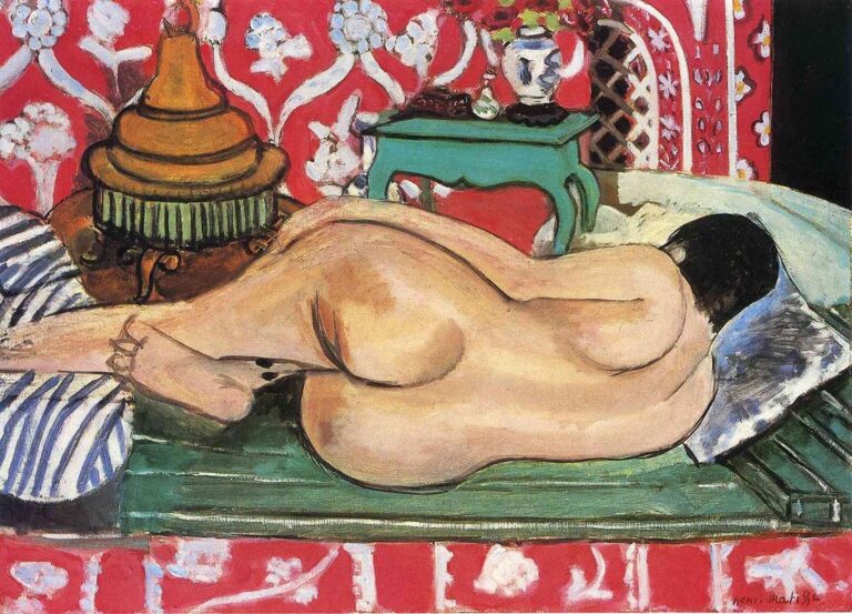 Reclining nude seen from the back on a green couch with striped cushion, red wall stenciled with white motifs behind, large golden vessel at left, turquoise side table with flowers at right; warm flesh tones balanced by greens and blues; Henri Matisse, 1927.