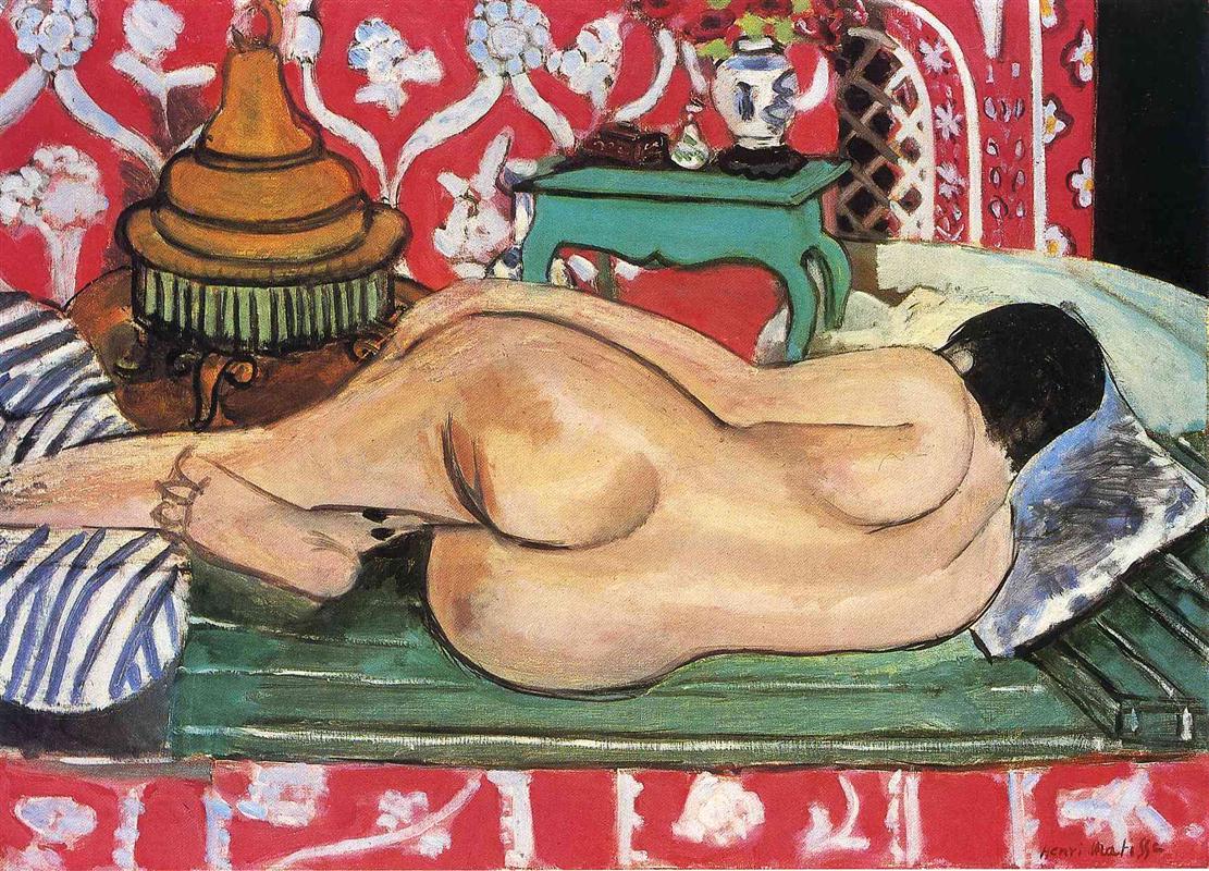 Reclining nude seen from the back on a green couch with striped cushion, red wall stenciled with white motifs behind, large golden vessel at left, turquoise side table with flowers at right; warm flesh tones balanced by greens and blues; Henri Matisse, 1927.