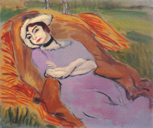 Marguerite reclines outdoors on an orange blanket, wearing a lavender dress, white hat, and black choker; eyes closed, arms crossed, with green meadow behind; bold contours and tempered colors create calm, modern balance.