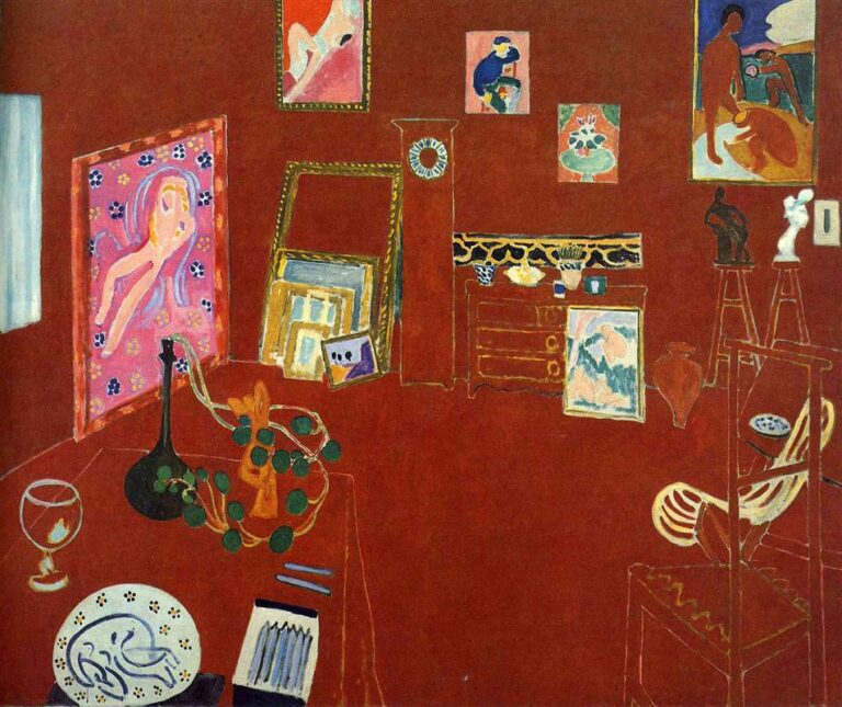 Large interior painted almost entirely in deep red with fine yellow outlines defining a table, chairs, cabinet, dresser, and scattered studio objects; framed paintings and small sculptures appear as islands of color within the red field; a clock without hands and a narrow blue window punctuate the walls in Henri Matisse’s 1911 “Red Studio.”