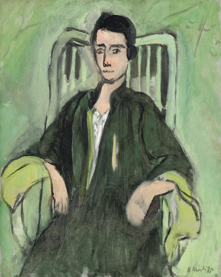 Frontally seated woman in a high-backed chair, surrounded by varied green tones; dark green robe with pale yellow-green cuffs, simplified masklike face, pale mint chair rails behind; soft, even light and expressive brushwork typical of Matisse’s Nice period.