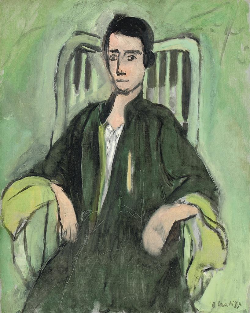 Frontally seated woman in a high-backed chair, surrounded by varied green tones; dark green robe with pale yellow-green cuffs, simplified masklike face, pale mint chair rails behind; soft, even light and expressive brushwork typical of Matisse’s Nice period.