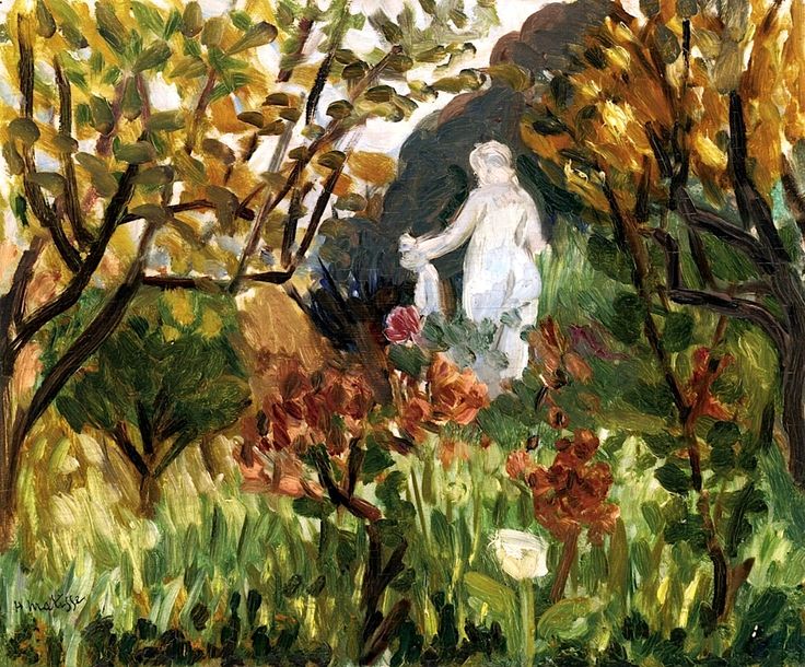 A bright, small landscape by Henri Matisse showing a dense garden framed by two dark tree trunks; at the center a pale white statue stands among red and green foliage, with dabs of yellow leaves and glimpses of sky; lively brushstrokes, strong dark contours, and an even Mediterranean light create a poised, vibrant scene.