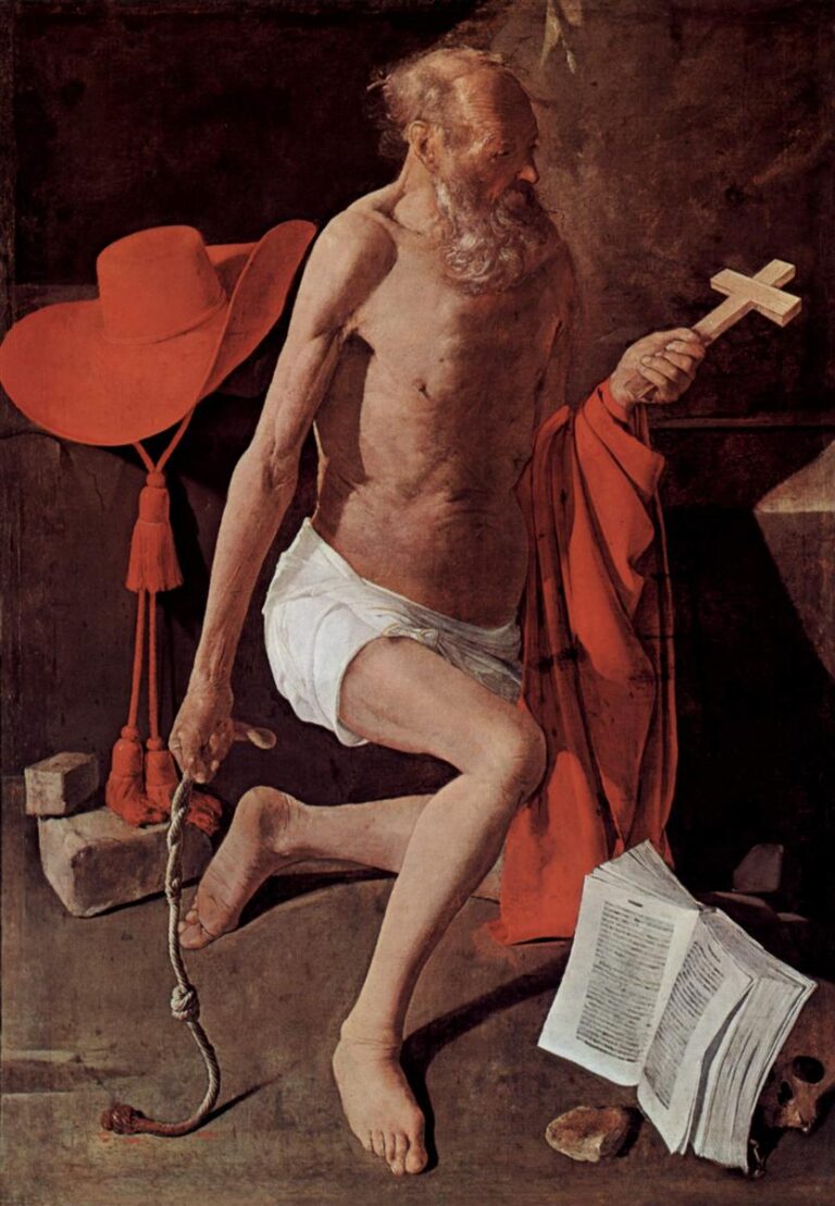Kneeling, half-nude St. Jerome holds a wooden cross and a rope scourge in a stark cell; a bright red cloak and cardinal’s hat contrast with an open folio and skull on the floor, all modeled in calm daylight against stony walls.