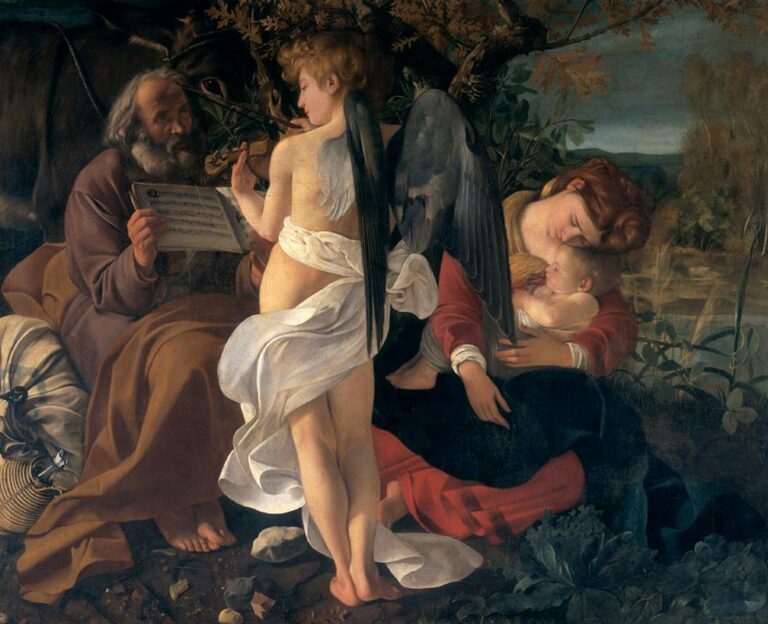 The Holy Family pauses in a countryside at dusk as an angel with dark wings plays a violin; Joseph holds sheet music while Mary, seated on the ground, cradles the sleeping Christ child beneath a tree with a donkey and soft landscape in the background.
