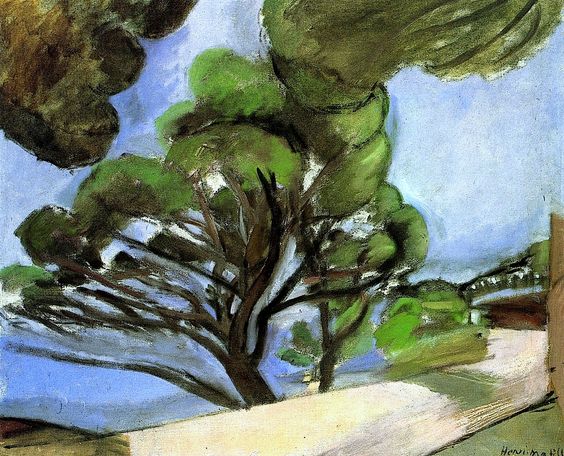 Mediterranean landscape with a broad umbrella-pine dominating center-left, sandy road in foreground, strip of blue sea and distant buildings under a pale sky; flowing dark contours and green foliage masses characteristic of Matisse, 1926.