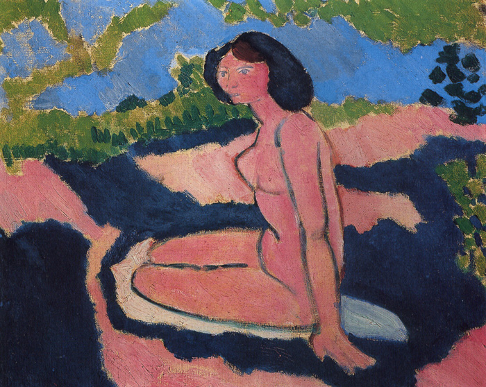 Seated nude in profile on a pale oval, turning her head toward the viewer; broad pink flesh tones outlined by dark contours sit amid bands of deep blue, chalky pink ground, and green foliage beneath an open blue sky in Henri Matisse’s 1909 “Pink Nude.”