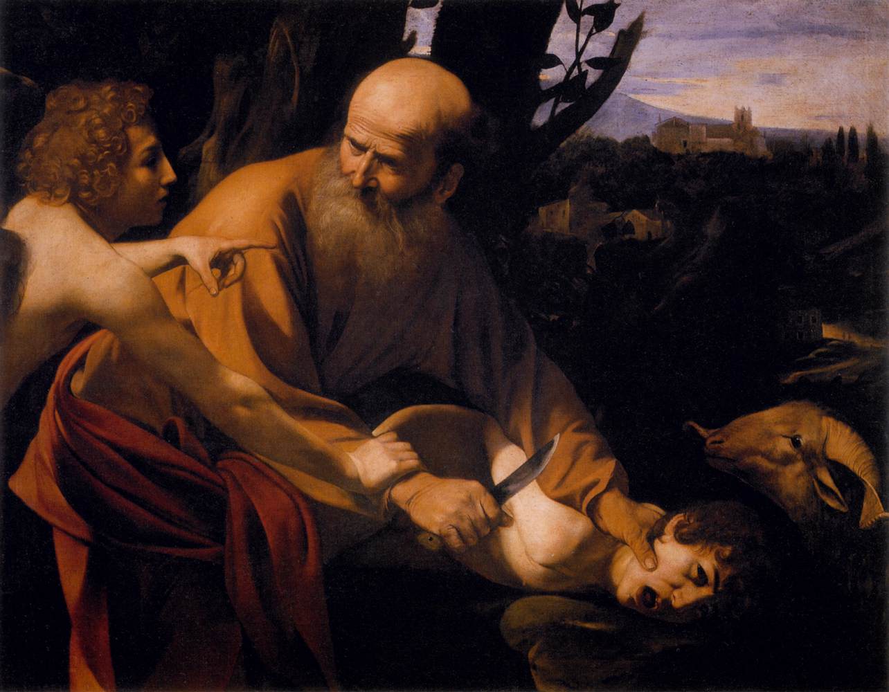 In a dark, close-up scene, an angel seizes Abraham’s wrist as he holds a knife to Isaac’s throat; the boy writhes in fear while a ram appears at right and a distant landscape fades into evening light.