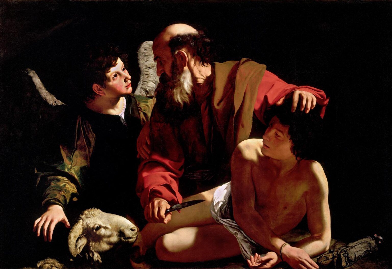 In a dark setting, an aged Abraham grips a knife over his bound son Isaac as a youthful angel seizes his wrist; a ram with curling horns presses into the scene while harsh light illuminates the figures against deep shadow.