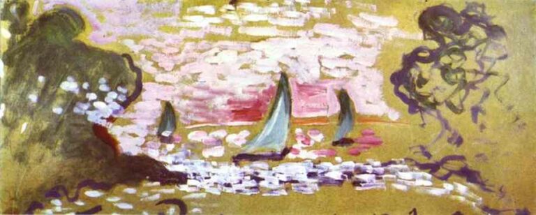 Wide Fauvist seascape with three small green-sailed boats on a lavender-dappled water band, framed by dark, loose tree forms left and right under a pink-mauve sky, all set against a warm ochre ground.