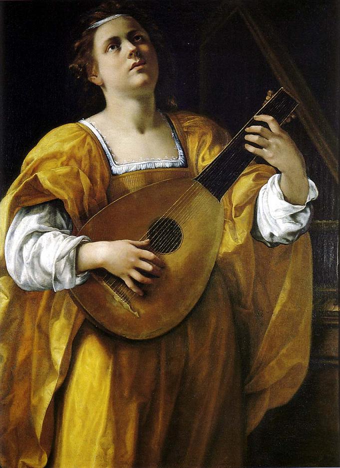 Baroque painting of Saint Cecilia in a golden dress playing a lute, eyes lifted heavenward, softly lit against a dark background, by Artemisia Gentileschi, 1620.