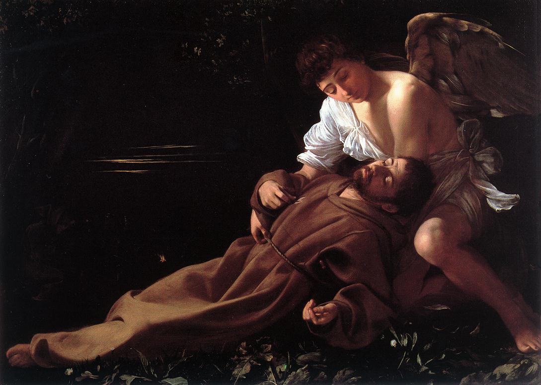 Nocturnal scene of a Franciscan monk swooning in his brown habit while a youthful, winged angel kneels behind and supports him; focused light grazes their faces and hands against a deep, nearly black background, with sparse groundcover at the foreground; oil on canvas by Caravaggio, 1595.