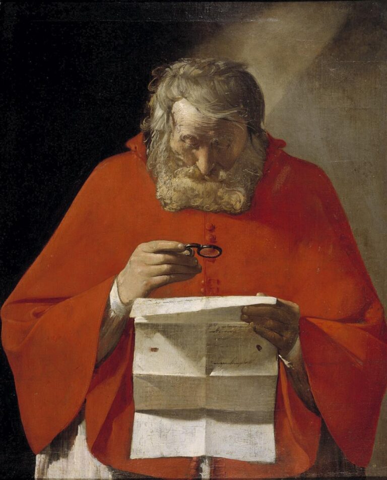 Half-length Saint Jerome in a red mantle bends over a folded letter, holding small spectacles before his eyes as a slant of light illuminates his brow, hands, and the white page against a dark, pared interior.