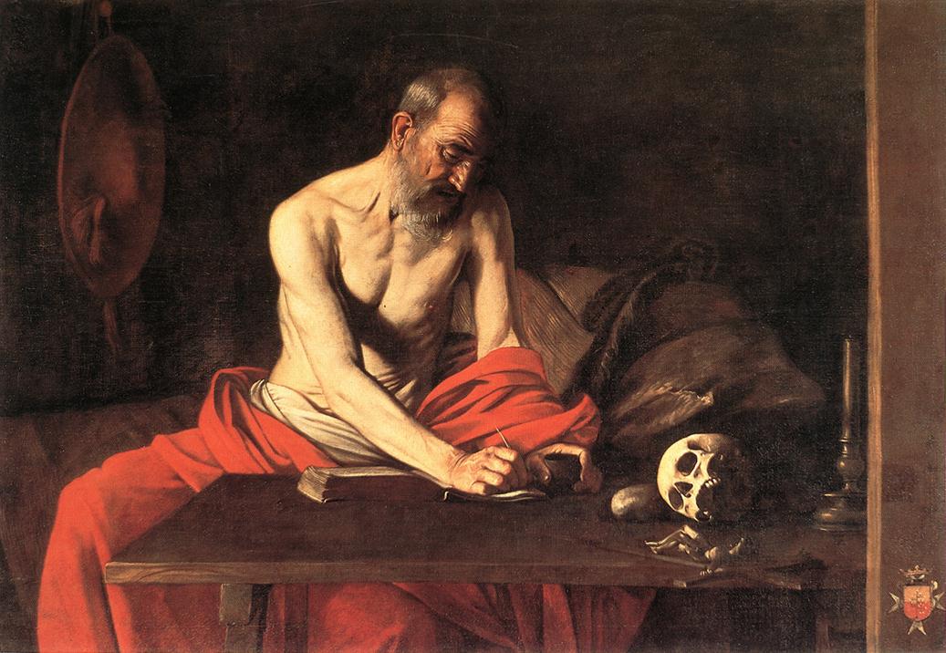 An elderly, bare-chested Saint Jerome leans over a plank desk, quill poised over a book, wrapped in a red mantle; a skull, candle, and bones sit on the table, all illuminated by a strong side light against a dark, sparsely furnished room.