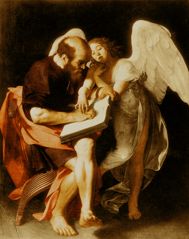 In a dark room, Saint Matthew sits barefoot with a large book on his knee as a youthful angel leans close, guiding his writing hand; a strong light models their faces, the red robe, the white pages, and broad wings against deep shadow.