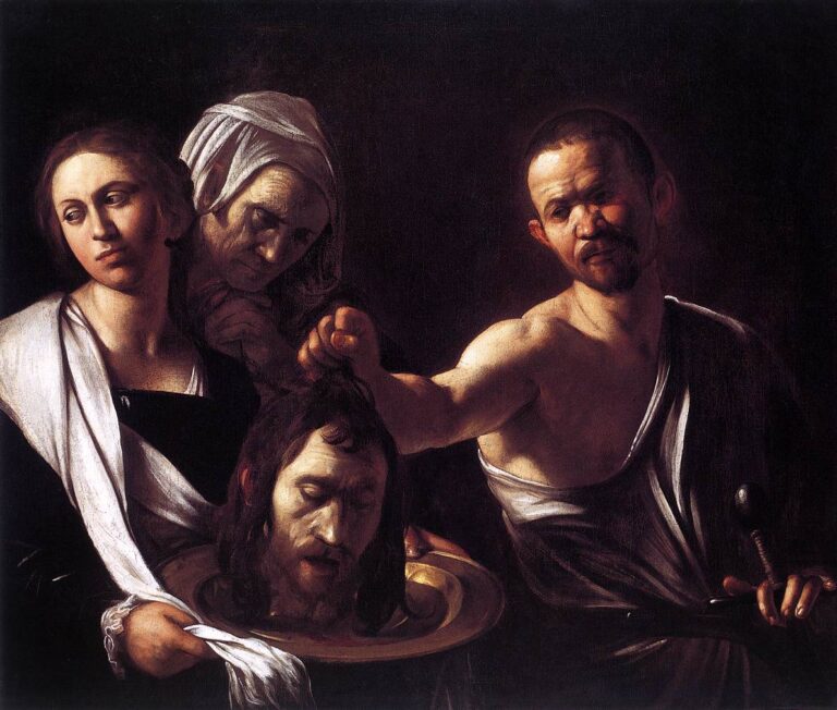 Half-length scene in deep shadow: Salome holds a platter while an executioner lifts John the Baptist’s severed head by the hair; an elderly maid leans in sorrow. Strong side light sculpts faces, hands, and the gleaming dish against a dark background.