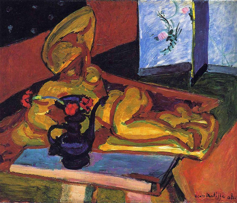 A Fauvist studio interior with a golden-yellow reclining sculpture on a diagonal tray, a dark indigo Persian ewer with two red flowers in front, and a two-pane blue window at right; bold black outlines, saturated reds and yellows, and skewed geometry create a dramatic, modern composition.