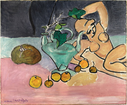 Shallow still life with a turquoise glass vase holding ivy, a reclining terracotta-colored sculptural figure outlined in black, scattered yellow fruits on a pink tabletop, and a green pumpkin at left against a dark background; simplified forms and decisive contours characteristic of Matisse in 1916.