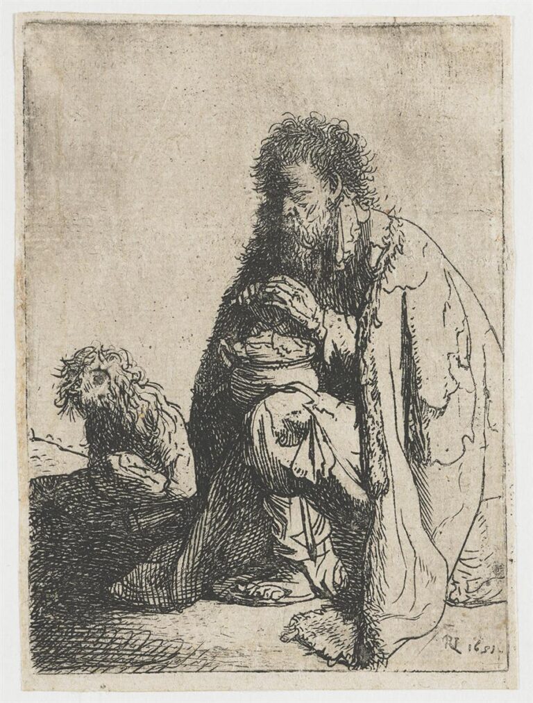 A bearded beggar crouches with one knee raised, hands clasped near his chest, while a shaggy dog sits beside him; Rembrandt’s etched lines render worn clothing, rough hair, and a blank background that emphasizes their quiet companionship.