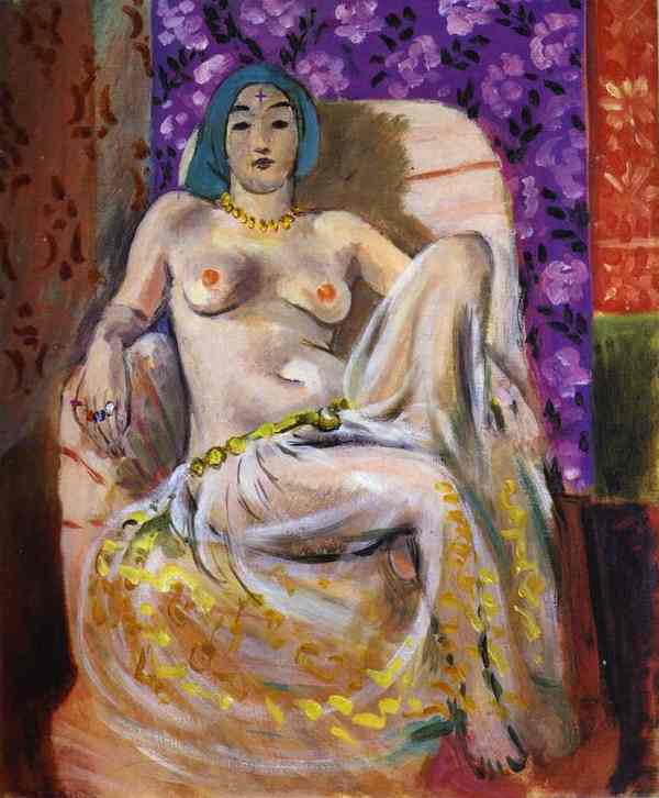 Frontal nude woman with teal headwrap and jewelry seated in a pale armchair; gauzy white drapery and yellow tassels cascade over her lifted leg; background of violet floral screen with red and green panels; confident Nice-period palette and brushwork emphasizing pattern, color, and calm authority.