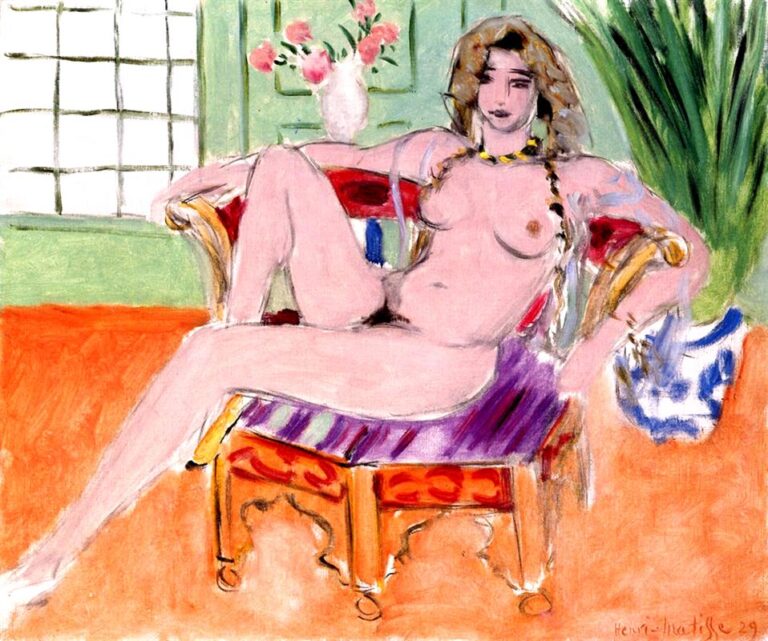 Interior with nude woman lounging on an ornate red-and-gold sofa with purple-striped cushion; orange floor, mint-green walls, gridded window at left, white vase of pink flowers behind, tall green plant and blue-and-white pitcher at right; relaxed pose with legs extended diagonally; Henri Matisse, 1929.