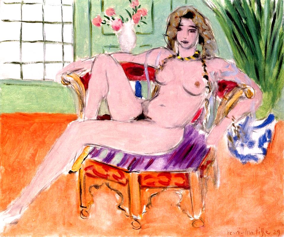 Interior with nude woman lounging on an ornate red-and-gold sofa with purple-striped cushion; orange floor, mint-green walls, gridded window at left, white vase of pink flowers behind, tall green plant and blue-and-white pitcher at right; relaxed pose with legs extended diagonally; Henri Matisse, 1929.