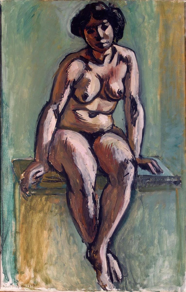 Tall vertical canvas with a nude woman seated on a narrow bench against a cool green background; head tilted, hands braced on the ledge, feet dangling. Flesh modeled in ochers, pinks, and lilac grays with bold black outlines, and a narrow ocher band at right—characteristic of Matisse’s 1908 post-Fauvist style.