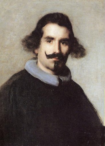 Bust-length self-portrait of Diego Velázquez facing slightly left, with dark cloak, cool gray collar, and softly flaring hair; his mustached face is calmly illuminated against a warm neutral background, painted with restrained, atmospheric brushwork.