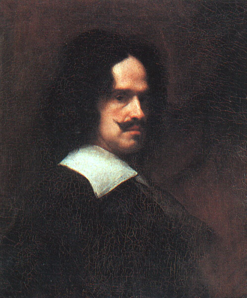 Bust-length self-portrait of Velazquez turning three-quarters in a dark setting, wearing a black coat and a sharp white collar, his moustache curled and face softly lit against a deep, atmospheric background.