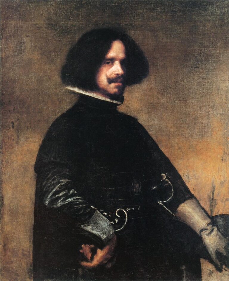 Bust-length self-portrait of Velázquez in black attire with a crisp white collar, head turned three-quarters toward the light, gloved left hand and a shining sword guard visible, set against a warm, softly dark background.