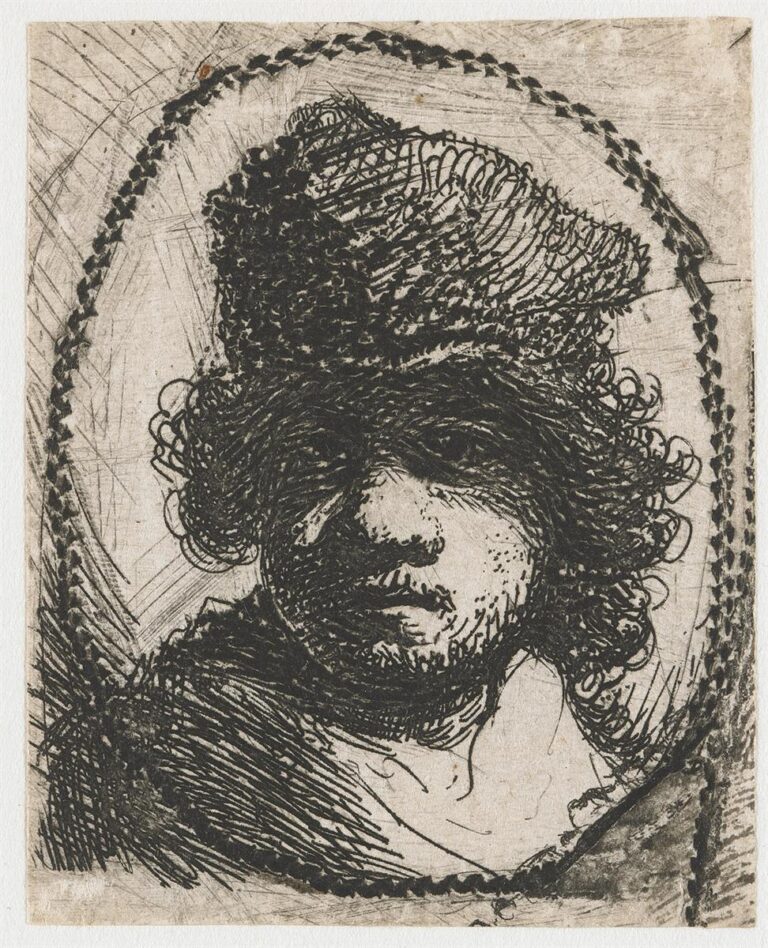 Close-up etched self-portrait of a young Rembrandt wearing a dark, shaggy cap; thick black hatchings shape the hat and cloak while lighter, sparse lines model the face within a roughly beaded oval frame, the gaze peering from under the brim.