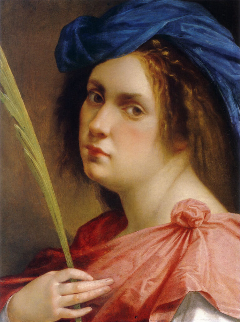 Close half-length portrait of Artemisia Gentileschi holding a green palm frond, wearing a blue turban and coral drapery, her face turned toward the viewer in warm light against a soft brown background, conveying calm strength.