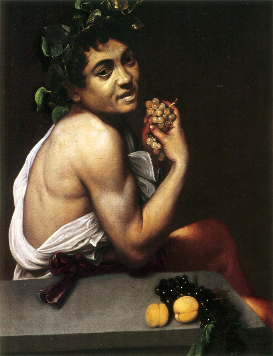 Half-length figure of a pale young man with an ivy wreath, turned three-quarters with bare back and white drapery, clutching yellow-green grapes; on a stone ledge lie apricots, black grapes, and foliage; strong side light against a dark background emphasizes sallow skin and tactile fruit; oil on canvas by Caravaggio, 1593.